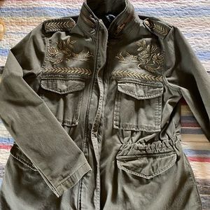 Cute gold embroidered olive green utility jacket.